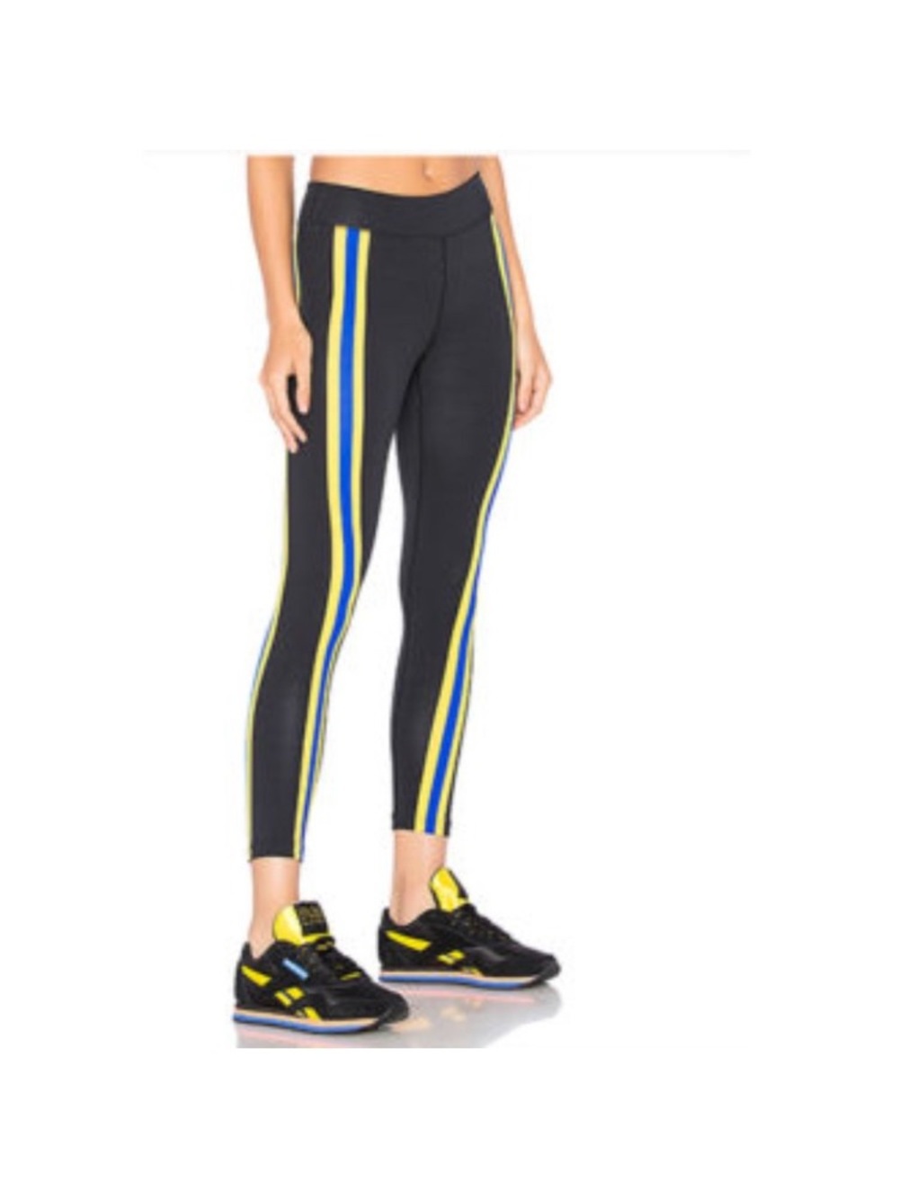 P.E Nation Black Leggings with Blue & Yellow Side Stripes